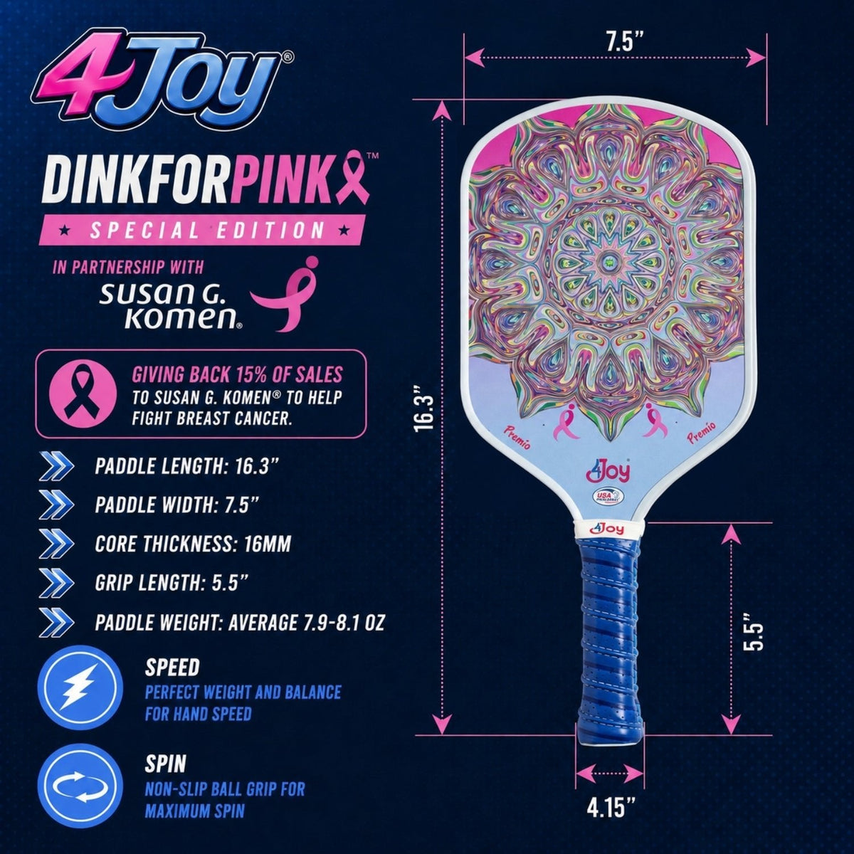 DinkForPink Special Edition 4Joy Pickleball Paddle Premio Series